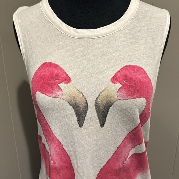 Chaser white cotton muscle tank top with painted flamingos. Large. - Picture 3 of 6